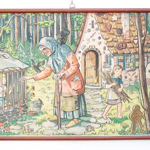 old school mural "Hansel and Gretel", teaching board 1940s, Brothers Grimm fairy tale