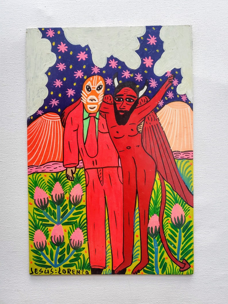 Folk Friends Paintings by Jesus Lorenzo Mexican Folk Art Luchador Zapatista Diablo Devil Rabbit Arte Popular Indigenous Art
