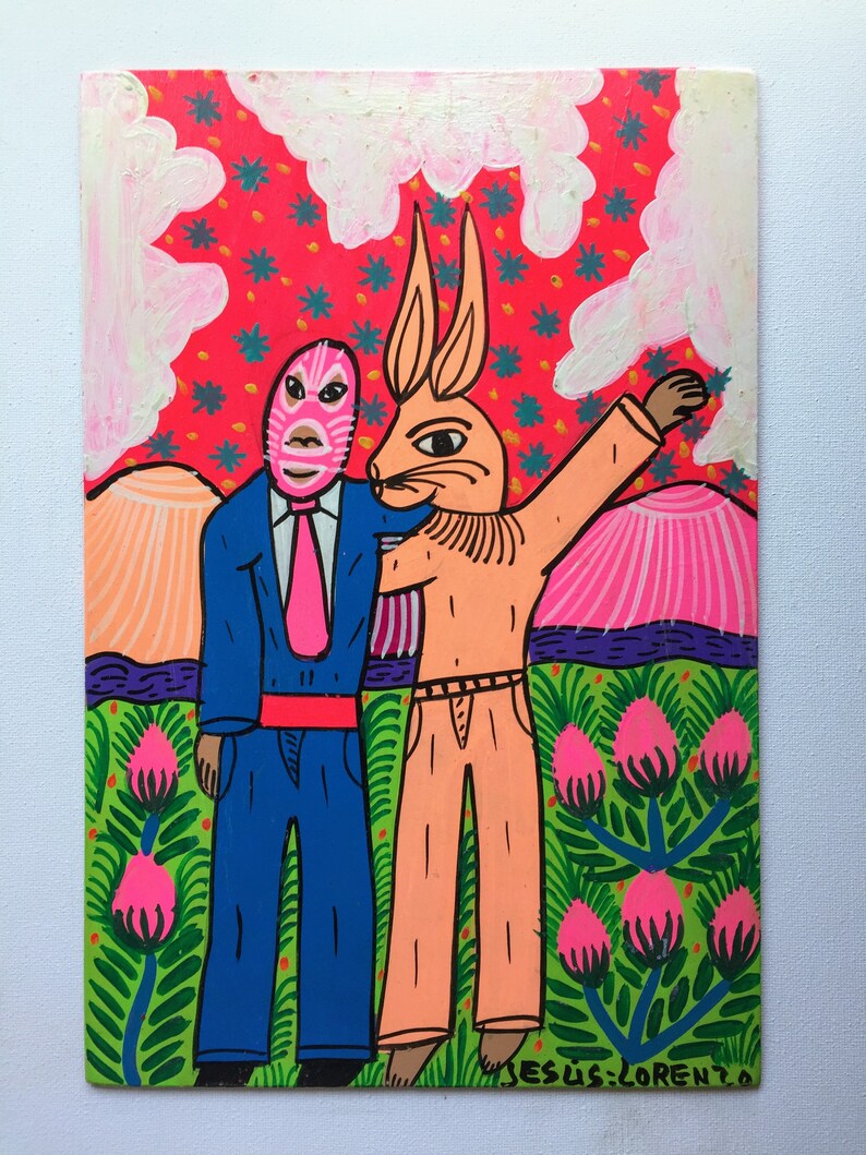 Folk Friends Paintings by Jesus Lorenzo Mexican Folk Art Luchador Zapatista Diablo Devil Rabbit Arte Popular Indigenous Art