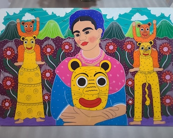 Großes buntes Frida Kahlo Originalgemälde - Mexikanische Texniques - lebendige - Perfekte Dekoration für Zuhause, Büro, Geschäft