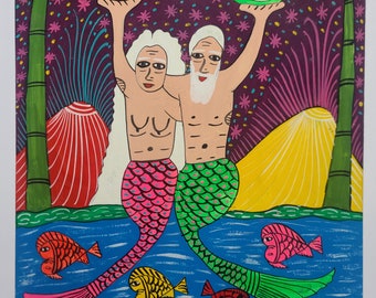 Mermaid and Merman in aboundance - sky full of stars - Palm with coconut trees - mountains and river with colorful fish - original painting