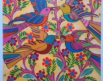 pajaros with tree of life - wonderful art piece - colorful - flowers - beautiful scenery - mexican folk art - original - collectable