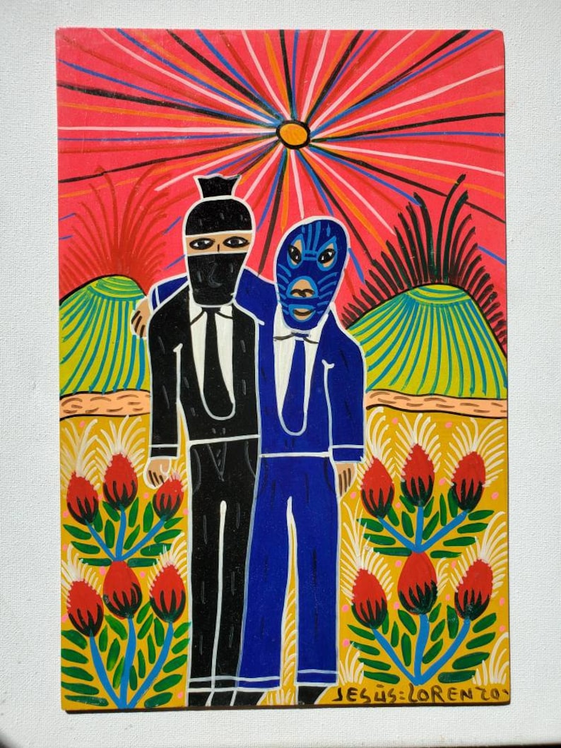 Folk Friends Paintings by Jesus Lorenzo Mexican Folk Art Luchador Zapatista Diablo Devil Rabbit Arte Popular Indigenous Art