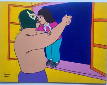 Lucha Libre Mexicana - Luchador y su hijo - Mexikanische Pop Art - Handgemaltes Original - Perfekte Büro Dekoration -