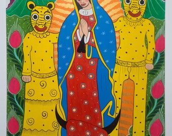 Virgen de Guadalupe Ofrrendas und Feier - Original handgemaltes Kunstwerk - Perfekte Dekoration für Haus, Büro, Wohnzimmer und Küche