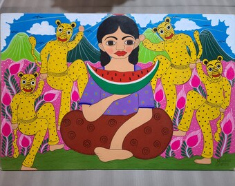 Große Jaguare mit Wassermelonen-Mädchenanstrich - Mexikanische Bilder - Blumen und Berge - Perfekte Dekoration für Zuhause, Büro, Geschäft