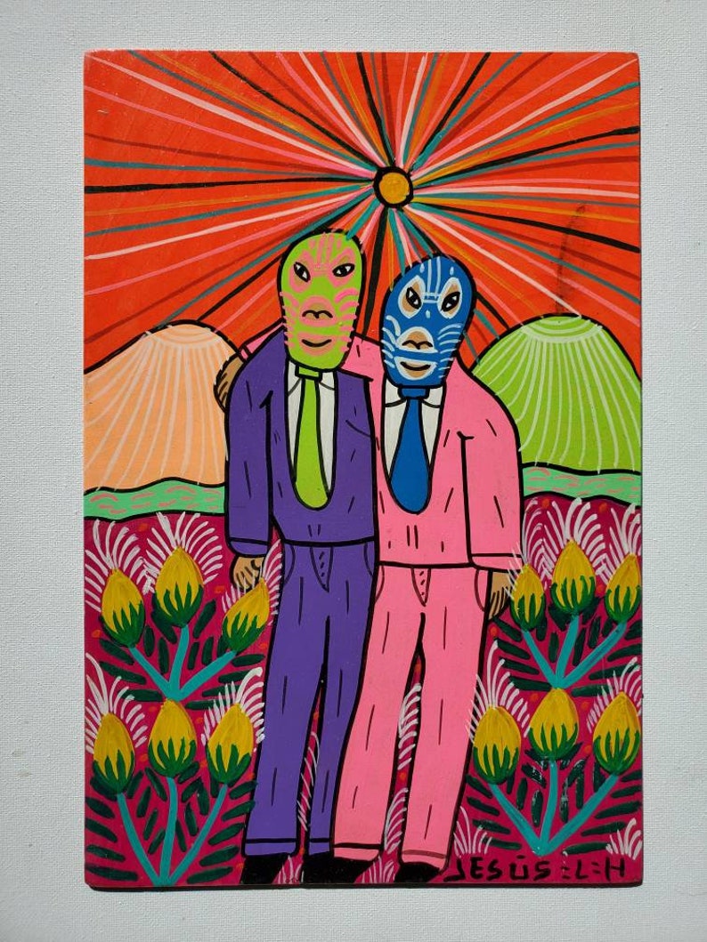 Folk Friends Paintings by Jesus Lorenzo Mexican Folk Art Luchador Zapatista Diablo Devil Rabbit Arte Popular Indigenous Art