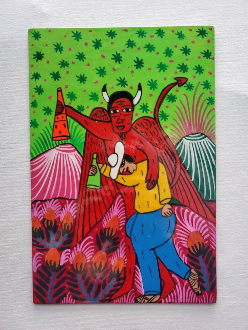 Folk Friends Paintings by Jesus Lorenzo Mexican Folk Art Luchador Zapatista Diablo Devil Rabbit Arte Popular Indigenous Art
