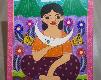 Large Meditation Aboundance Girl Painting - Mexican Tecnique - with Moon - landscape background - Perfect Home, Office, Business Decoration