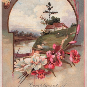 Antique Victorian Trade Card Gundlach and Son Stationer&#39;s and Printers 1880&#39;s Advertising Country Scene Butterfly Flowers Art