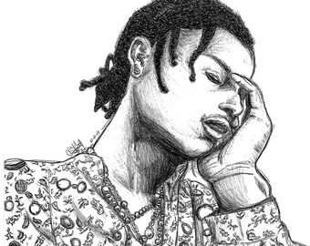 May include: A black and white pencil drawing of a person with a patterned shirt and a necklace. The person is looking down and has their hand on their face.