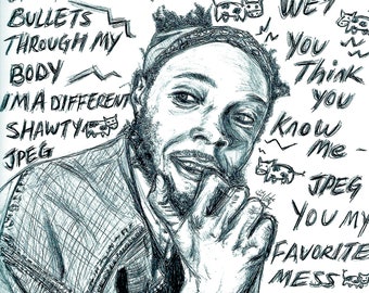May include: A black and white pen and ink drawing of a person with a beard, wearing a patterned bandana and jacket. Text includes "JPEG," "DAAAMN PEGGYY!," and "You my FAVORITE MESS." Cows are drawn throughout.