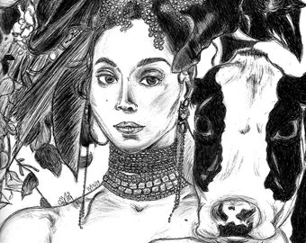 May include: Black and white pencil drawing of a woman with a cow's head. The woman is wearing a large, elaborate headdress and a necklace. The cow's head is resting on the woman's shoulder.