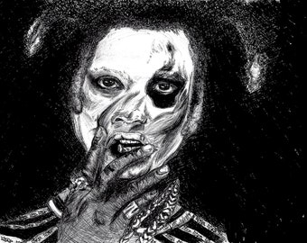 May include: Black and white pencil drawing of a person with a dark afro hairstyle. The person is looking at the viewer with a serious expression. The person's face is partially obscured by their hand, which is covering their mouth. The person is wearing a necklace with a pendant.