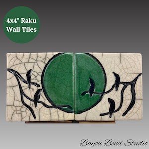 Raku Bird Decorative Ceramic Art Wall Tile, Asian Inspired Japanese Pottery, Raku Home Decor Pottery Tile, Unique Studio Pottery Tile