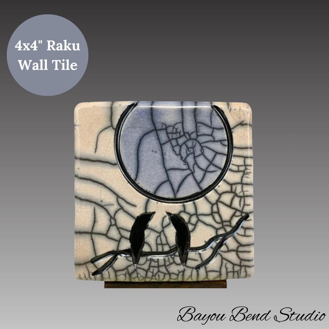 Amadio Raku Tile Raku Asian Inspired Decorative Wall Tile, Bird Tree Nature Inspired ...