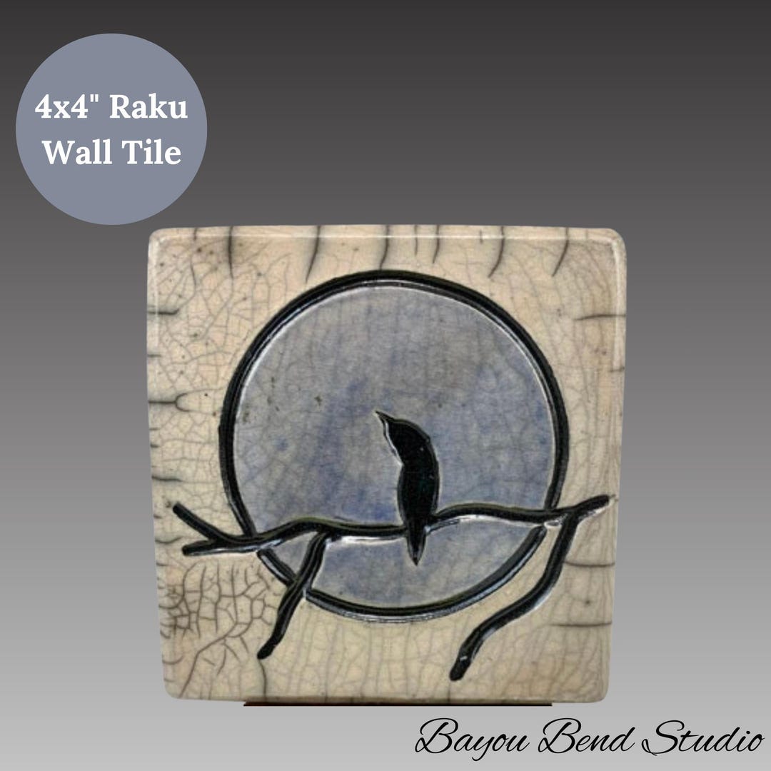 Amadio Raku Tile Raku Asian Inspired Decorative Wall Tile, Bird Tree Nature Inspired ...
