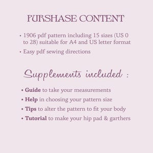 Pode incluir: Um documento de texto rosa e branco com o t&iacute;tulo "PURSHASE CONTENT" e uma lista de itens inclu&iacute;dos na compra. A lista inclui um padr&atilde;o pdf 1906, instru&ccedil;&otilde;es de costura pdf f&aacute;ceis, um guia para tirar medidas, ajuda para escolher um tamanho de padr&atilde;o, dicas para alterar o padr&atilde;o e um tutorial para fazer uma almofada de quadril e ligas.
