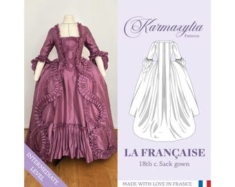 May include: A mauve-colored 18th-century sack gown, displayed on a mannequin. The dress features a square neckline, ruffled sleeves, and elaborate skirt detailing. The image includes the text "LA FRANÇAISE" and "18th c. Sack gown".