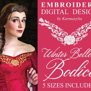 Puede incluir: Diseño digital de bordado para un corpiño de invierno Belle. El diseño presenta una rosa y enredaderas. 5 tamaños incluidos. "Winter Belle Bodice" y "5 tamaños incluidos" están escritos en texto blanco sobre un fondo rosa.