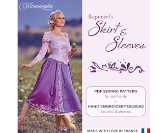 May include: A purple and white skirt and sleeves sewing pattern for Rapunzel's costume. The pattern includes hand embroidery designs for the skirt and sleeves. The pattern is made with love in France.