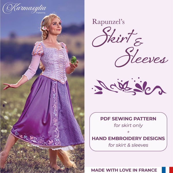 Hand embroidery pdf pattern of Rapunzel's skirt and sleeves - Patron pdf des broderies de la jupe et des manches de Raiponce