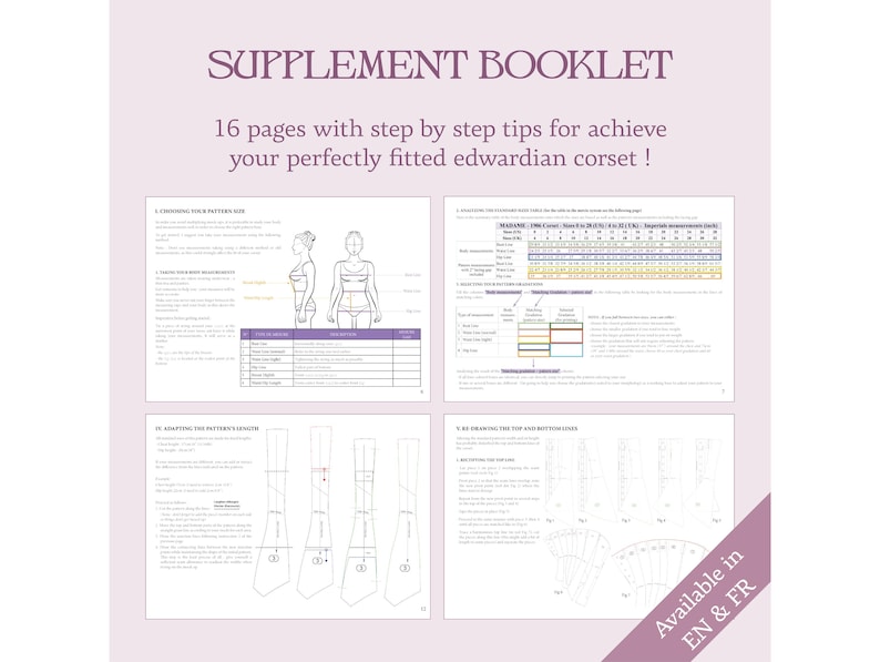 Pode incluir: Um livreto de 16 p&aacute;ginas com instru&ccedil;&otilde;es passo a passo para fazer um corpete eduardiano. O livreto inclui diagramas e tabelas para escolher o tamanho certo e ajustar o padr&atilde;o. Dispon&iacute;vel em ingl&ecirc;s e franc&ecirc;s.