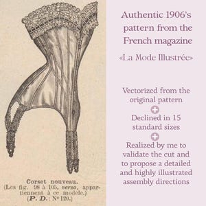 Pode incluir: Uma ilustra&ccedil;&atilde;o vintage de um corpete da revista francesa "La Mode Illustr&eacute;e" de 1906. O corpete &eacute; um desenho detalhado de uma pe&ccedil;a de roupa com baleias e guarni&ccedil;&otilde;es de renda. O texto abaixo da imagem diz "Corset nouveau. (Les fig. 98 &agrave; 105, verso, appartiennent &agrave; ce mod&egrave;le.) (P. D.: No 120.)"