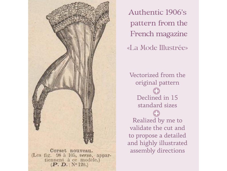 Pode incluir: Uma ilustra&ccedil;&atilde;o vintage de um corpete da revista francesa "La Mode Illustr&eacute;e" de 1906. O corpete &eacute; um desenho detalhado de uma pe&ccedil;a de roupa com baleias e guarni&ccedil;&otilde;es de renda. O texto abaixo da imagem diz "Corset nouveau. (Les fig. 98 &agrave; 105, verso, appartiennent &agrave; ce mod&egrave;le.) (P. D.: No 120.)"