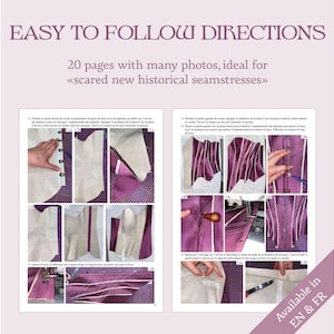 Pode incluir: Um livro com o t&iacute;tulo "Easy to Follow Directions" e o subt&iacute;tulo "20 p&aacute;ginas com muitas fotos, ideal para <<costureiras hist&oacute;ricas novas assustadas>>". A capa do livro apresenta um corpete roxo e branco sobre um fundo branco.