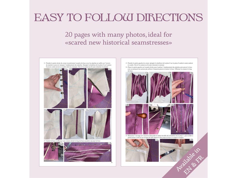 Pode incluir: Um livro com o t&iacute;tulo "Easy to Follow Directions" e o subt&iacute;tulo "20 p&aacute;ginas com muitas fotos, ideal para <<costureiras hist&oacute;ricas novas assustadas>>". A capa do livro apresenta um corpete roxo e branco sobre um fundo branco.