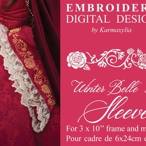 Puede incluir: Diseño digital de bordado para "Winter Belle's Sleeves". El diseño presenta un patrón floral dorado y blanco con un motivo de rosa. Es para un marco de 7,6 x 25,4 cm o más grande.