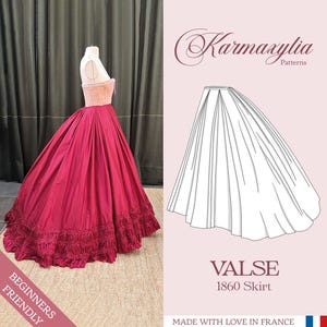 May include: A sewing pattern for a 1860s skirt called "Valse" by Karmaxylia Patterns. The pattern is for a full, gathered skirt with a wide waistband. The pattern is beginner friendly and is made with love in France.