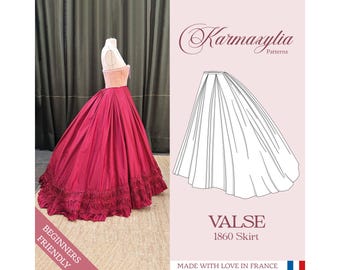 May include: A sewing pattern for a 1860s skirt called "Valse" by Karmaxylia Patterns. The pattern is for a full, gathered skirt with a wide waistband. The pattern is beginner friendly and is made with love in France.