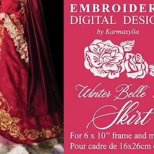 Puede incluir: Diseño de bordado digital para una falda con una rosa blanca y una rosa más pequeña con hojas verdes. El diseño es para un marco de 15,24 x 25,4 cm o más grande. El texto "Winter Belle's Skirt" está escrito en cursiva.
