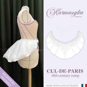 May include: A white 18th century "cul-de-paris" rump, a type of padded undergarment, is shown in a line drawing. The drawing is on a light purple background with the text "Karmazylia Patterns" and "CUL-DE-PARIS 18th century rump" in black.