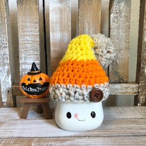Marshmallow Mug hat: rustic Halloween candy pom hat
