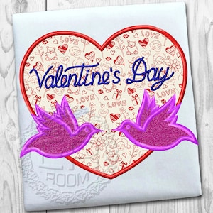 Heart Applique Embroidery Design, Pigeons Applique Embroidery Design, Valentine&#39;s Day Applique Design, Machine Embroidery, Instant Download
