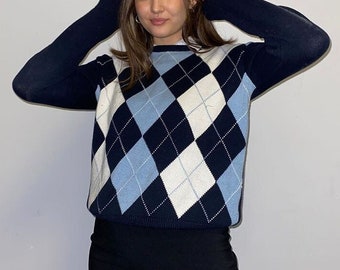 Y2K Blue Vintage Argyle Plaid, Long Sleeve, Pullover Jumper Sweater / Winterwear / Autumnwear / Preppy Style / Streetwear / Knitwear
