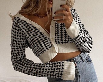 Houndstooth cropped sweater Clearance