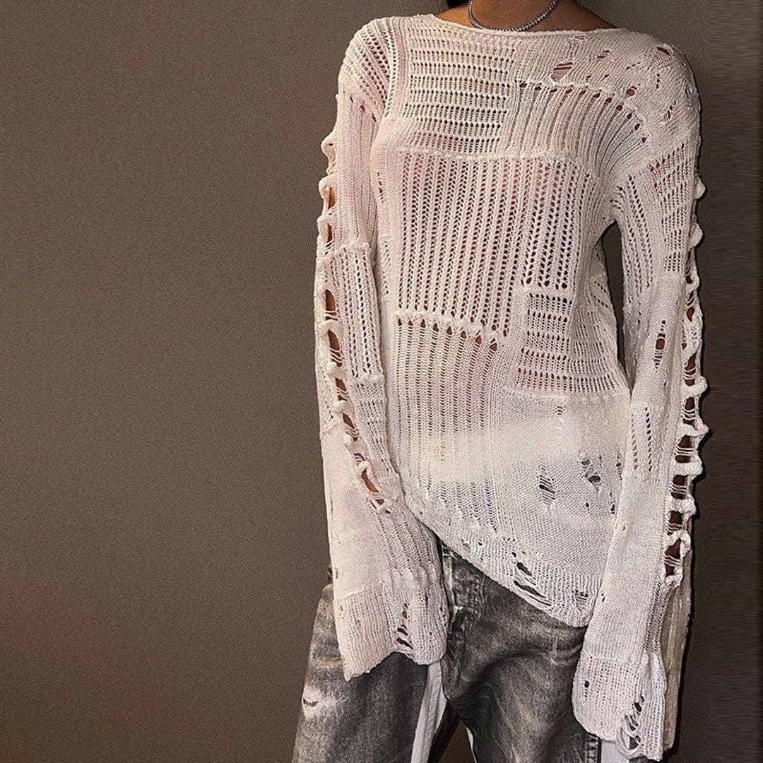 Ripped Knitted Crochet See Through Loose Sweater / Streetwear / Y2K Clothing / Vintage / Lolita / Korean