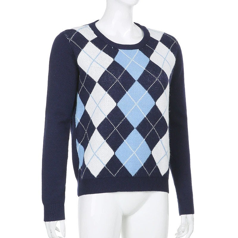 Y2K Blue Vintage Argyle Plaid Long Sleeve Pullover Jumper - Etsy Canada
