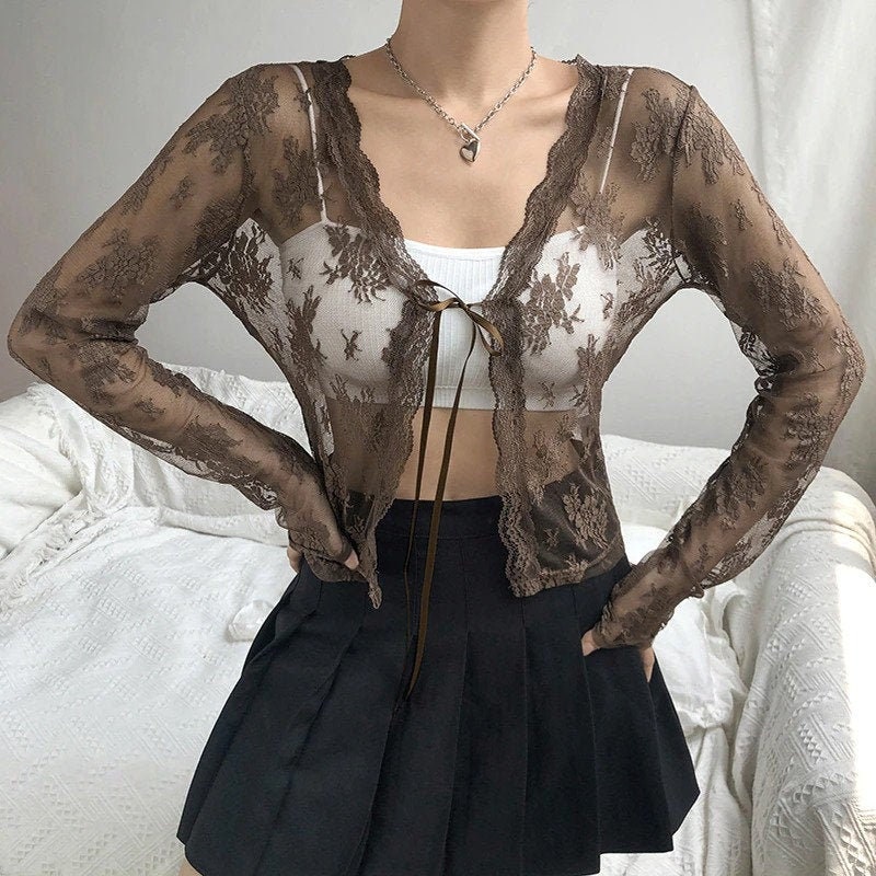 Y2K Lace & Bow Designed, Sexy, V-Neck Long Sleeve Mesh Top / Streetwe…