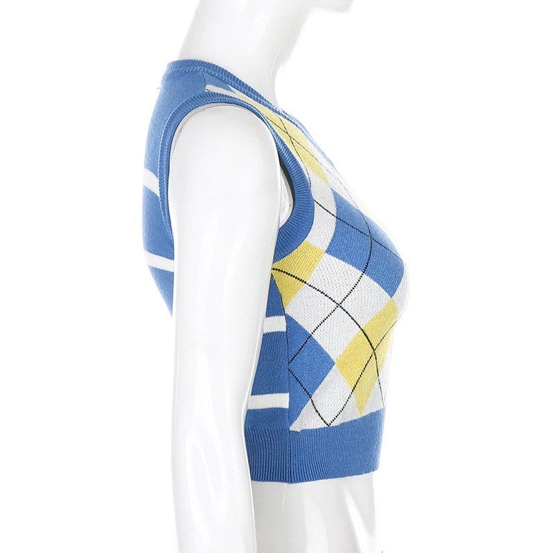 Y2K Argyle Plaid V-Neck Crop Top Sweater Vest Summerwear Partywear Streetwear Beachwear Festivalwear Ravewear Y2K