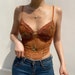 Y2K Floral Print & Lace Designed, Sexy, Transparent Mesh Brown,  Cropped Cami Top / Vintage / Streetwear / Lolita / 90s / Retro / Korean 