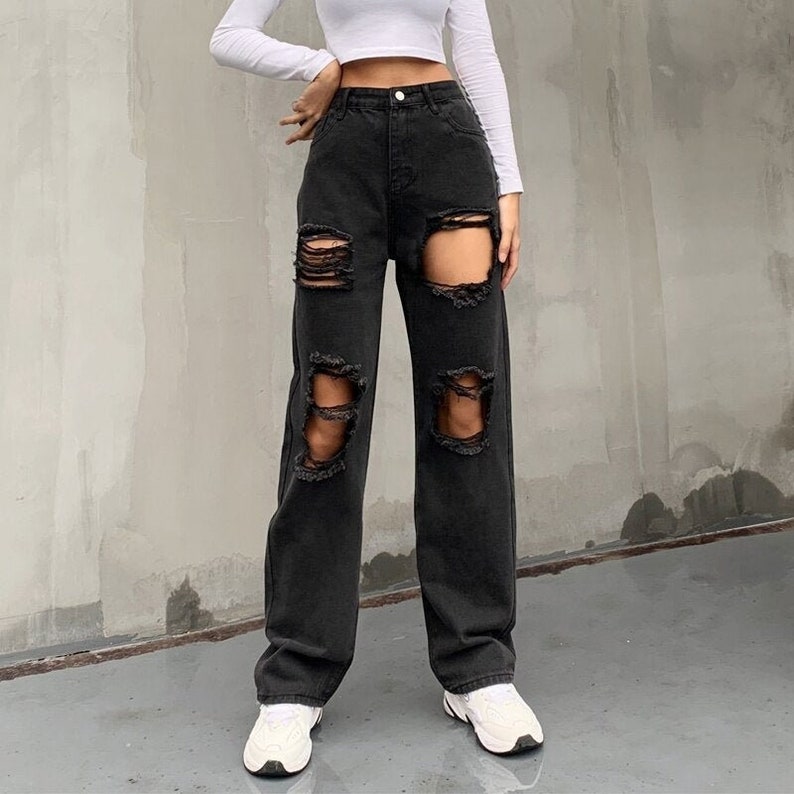 Holes Ripped Designed High Waisted, Sexy, Disstressed Black Denim, Hip Hop Pants / Streetwear / Korean / Lolita / Retro  / Vintage / Hip Hop 