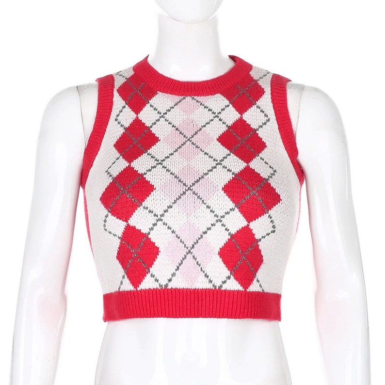 Red Colored Y2K Argyle Plaid Crop Top Sweater Vest / Etsy