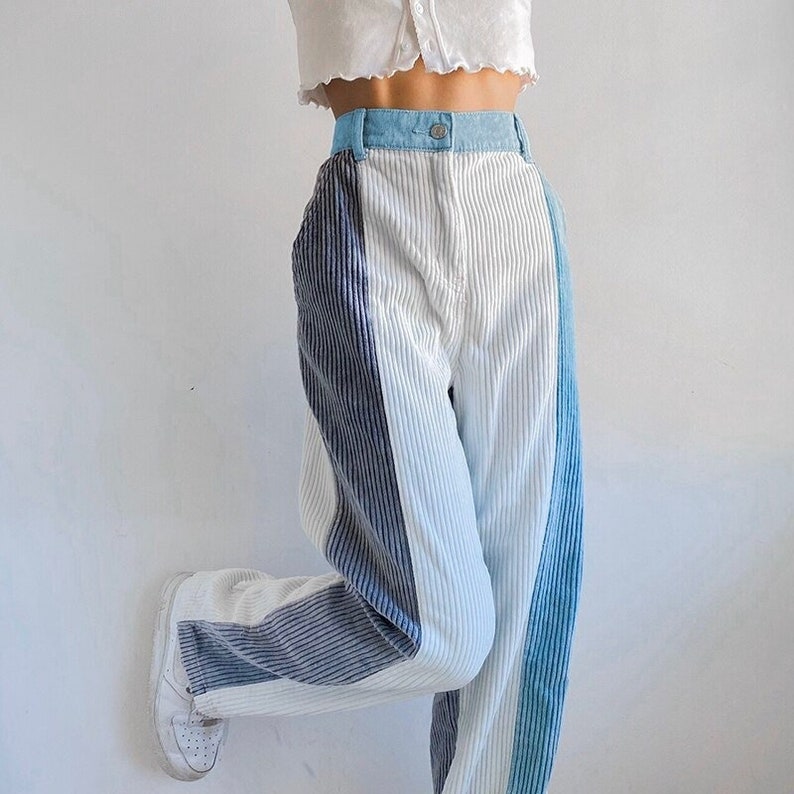 Y2K Patchwork & Striped Corduroy Designed Elastic Waist, High Waisted, Blue and White Pants / Streetwear / 90s Wear / Vintage / Korean 