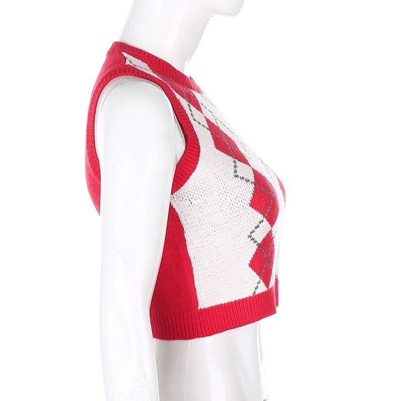 Red Colored Y2K Argyle Plaid Crop Top Sweater Vest / Etsy