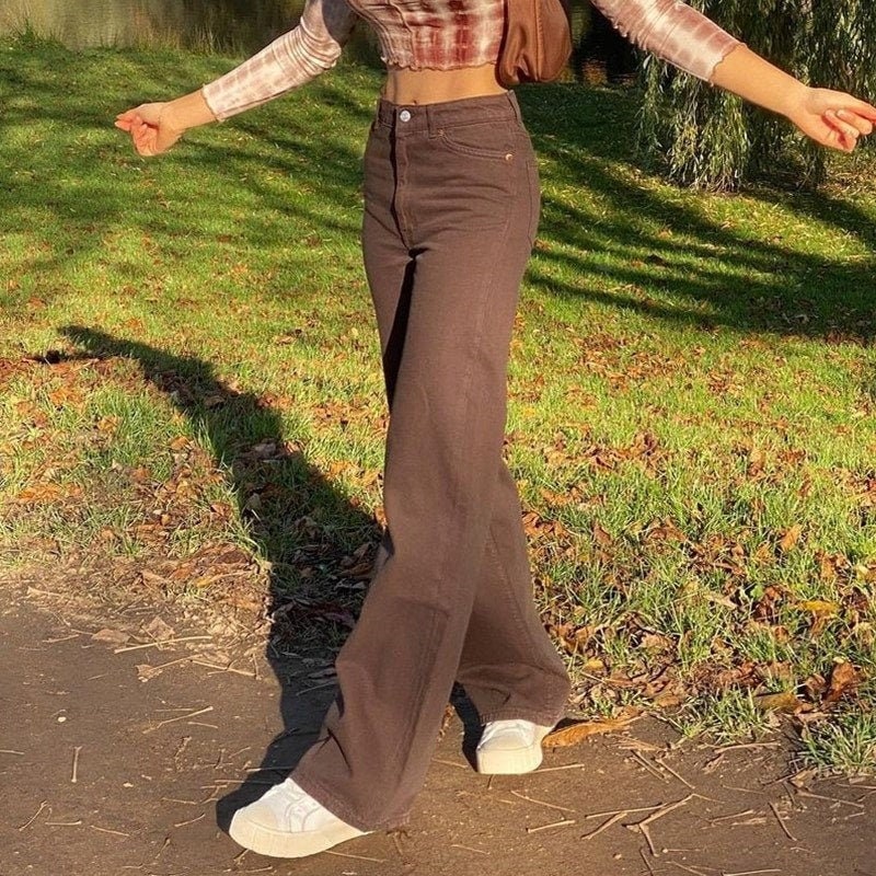 Y2K Casual Brown, High Waisted, Loose & Long Trousers, Pants / Street…